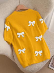 CosyJoli Plus Size Elegant Bowknot Jacquard Round Neck Pullover Sweater - Yellow - View 2