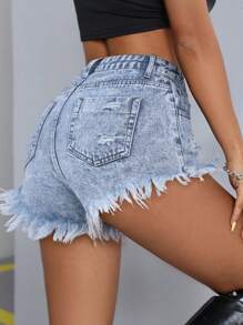 SHEIN PETITE Summer Fashionable Ripped Frayed Angled Pocket Denim Shorts - Light Wash - View 2