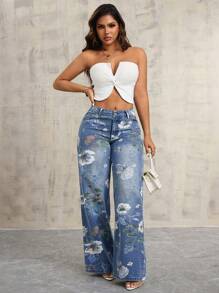 Women's Floral Print Pocket Straight Leg Casual Jeans - Blue - View 5