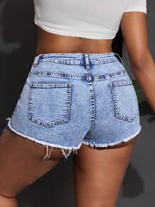 Slaydiva 加大码性感 7 月 4 日紧身弹力超短牛仔短裤，蓝色 - 淺色水洗藍 - 查看 2