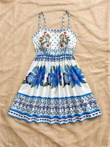 Soleia 女士长款花卉印花度假连衣裙，复古蓝白浪漫休闲度假连衣裙，适合春季