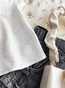 SHEIN TEENGIRL White Bubble Textured Fabric Square Neckline A-Line Short Shirt, Sweet Cute Blouse, Collegiate Shirt