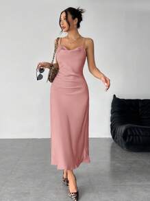 SHEIN PETITE Solid Color Swing Collar Long Satin Satin Suspender Dress Suitable For Dates,Summer Dresses For Women