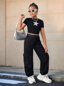 Tween Girl 2pcs Set: Ribbed Star Print Short Sleeve T-Shirt + Woven Cargo Pants With Belt And Pockets, Casual Fashion Street Style, Back To School, Sweet & Cool Girl, Y2K Vibe - Black - View 3