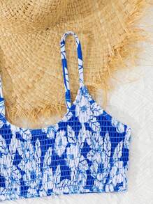 2pcs/Set Teen Girls Blue Floral Print Bikini Swimsuit Set - Blue and White - View 3