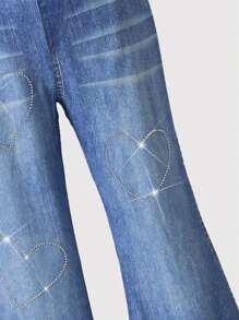 WESTFADE Young Pantalones acampanados de punto elástico con estampado de corazones con rhinestones para niñas preadolescentes, estilo casual de moda callejera inspirado en Y2K