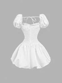 SHEIN MOD Váy mini bong bóng chắp vá ren trắng cho nữ, Váy nghỉ xuân, Váy mùa hè, Váy thanh lịch cho nữ, Trang phục phương Tây cho nữ, Trang phục hòa nhạc cho nữ, Phong cách tiền cổ cho nữ - trắng - Xem 5