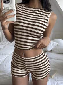 SHEIN EZwear 棕米条纹两件套休闲套装，简约时尚，适合夏季 - 棕色 - 查看 4