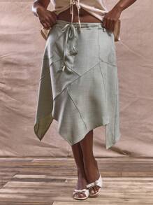 MUSERA Midi-Rock in Große Größen mit Bindeband an der Taille, Patchwork-Naht und Zipfelsaum, süß, elegant, für Festivals und Feiertage, aus Leinen, klassisch, lässig, für den täglichen Gebrauch, Büroalltag, formell, graziös, für Brunch im Herbst, Winter, Herbst