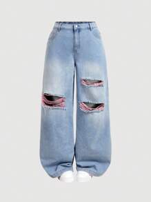 SHEIN MOD Jeans rectos holgados en talla grande, color azul, con efecto desgastado - Lavado ligero - Ver 1