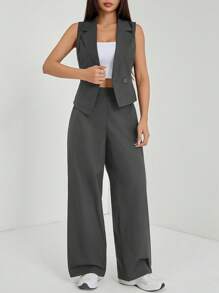 SHEIN PETITE 兩件套秋季女裝 2件/組 素色無袖上衣與長褲，商務休閒女裝，夏季套裝，適合嬌小女性 - 灰色 - 查看 7
