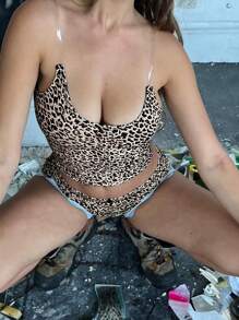 Women's Fashionable Cropped Fitted Leopard Print Camisole - Apricot - View 3