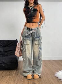 SHEIN Coolane Women's Summer Brown Tie-Dye Vintage Style Cropped Tank Top
