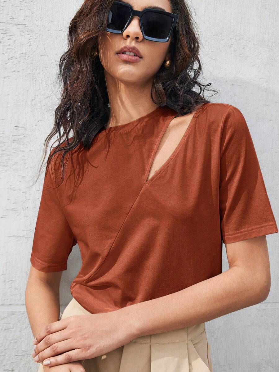 BizChic 女士镂空短袖 T 恤，优雅都市通勤，日常商务休闲，教师制服，办公室服装，学校，基本款上衣，复古风格