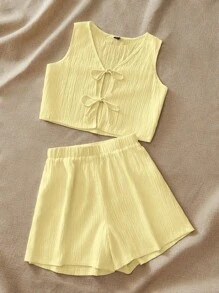 SHEIN VCAY Vacation Woven Patchwork Design Square Collar Short Sleeve A-Line Dress For Women Maxi Dress Usa Vest Set Bow Top,Butter Yellow,Summer Sets