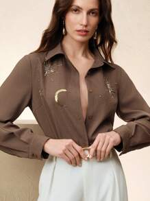 Anewsta 手工制作的亮片和刺绣月亮和星星装饰女式衬衫上衣，春季节日、外出、度假服装