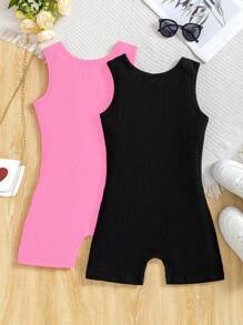 2pcs/Set Tween Girl Solid Color Rib Knit Crew Neck Camisole Romper - Pink - View 2