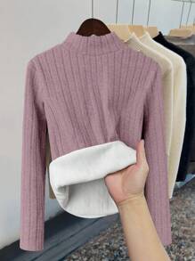 SHEIN Essnce Thermal Lined Slim Fit Women's Casual Mock Neck Long Sleeve T-Shirt