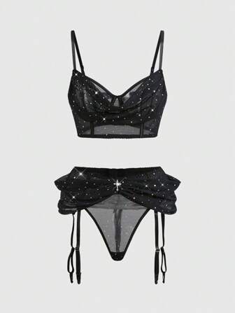 ROMWE Avant Conjunto de lencería sexy con corte bajo, con sujetador con aros, de malla con lentejuelas, para fiestas, baile y rave, para mujeres