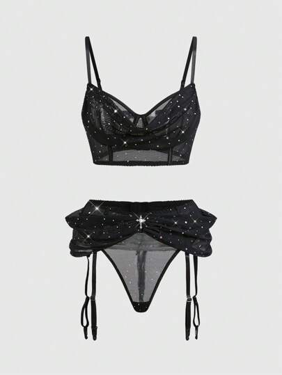 ROMWE Avant Ensemble de lingerie sexy à paillettes et résille avec armatures et décolleté plongeant, pour les femmes, idéal pour les fêtes et les soirées