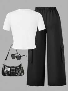 SHEIN Sparklyn Conjunto informal de 2 piezas para niñas preadolescentes con top estampado de estrellas y pantalones cargo con múltiples bolsillos - Blanco - Ver 2