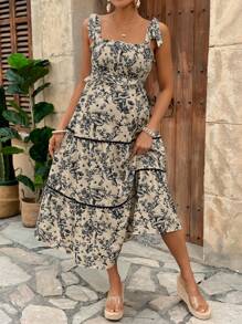 Lyckli Maternity Summer Vacation Full Print Halter Neck Tie Strap Dress Suitable For Summer - Black - View 5