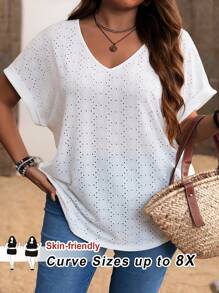SHEIN CURVE+ Áo thun tay ngắn màu trắng thời trang ngày của mẹ cỡ lớn cho nữ phong cách Boho nghỉ dưỡng - trắng - Xem 10