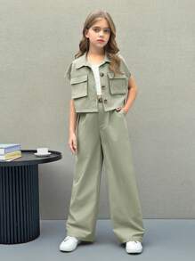 Firerie Kids Firerie Kids Nova Glow Tween 女童休闲街头风格平纹梭织短袖上衣和直筒裤两件套服装 - 薄荷綠 - 查看 3