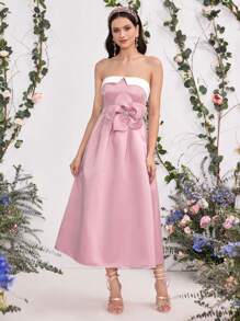 Coutiva Women Woven Two-Tone Patchwork 3D Floral Bandeau A-Line Party Dress, Wedding Guest Dress, Music Festival Spring/Summer, Prom Dress