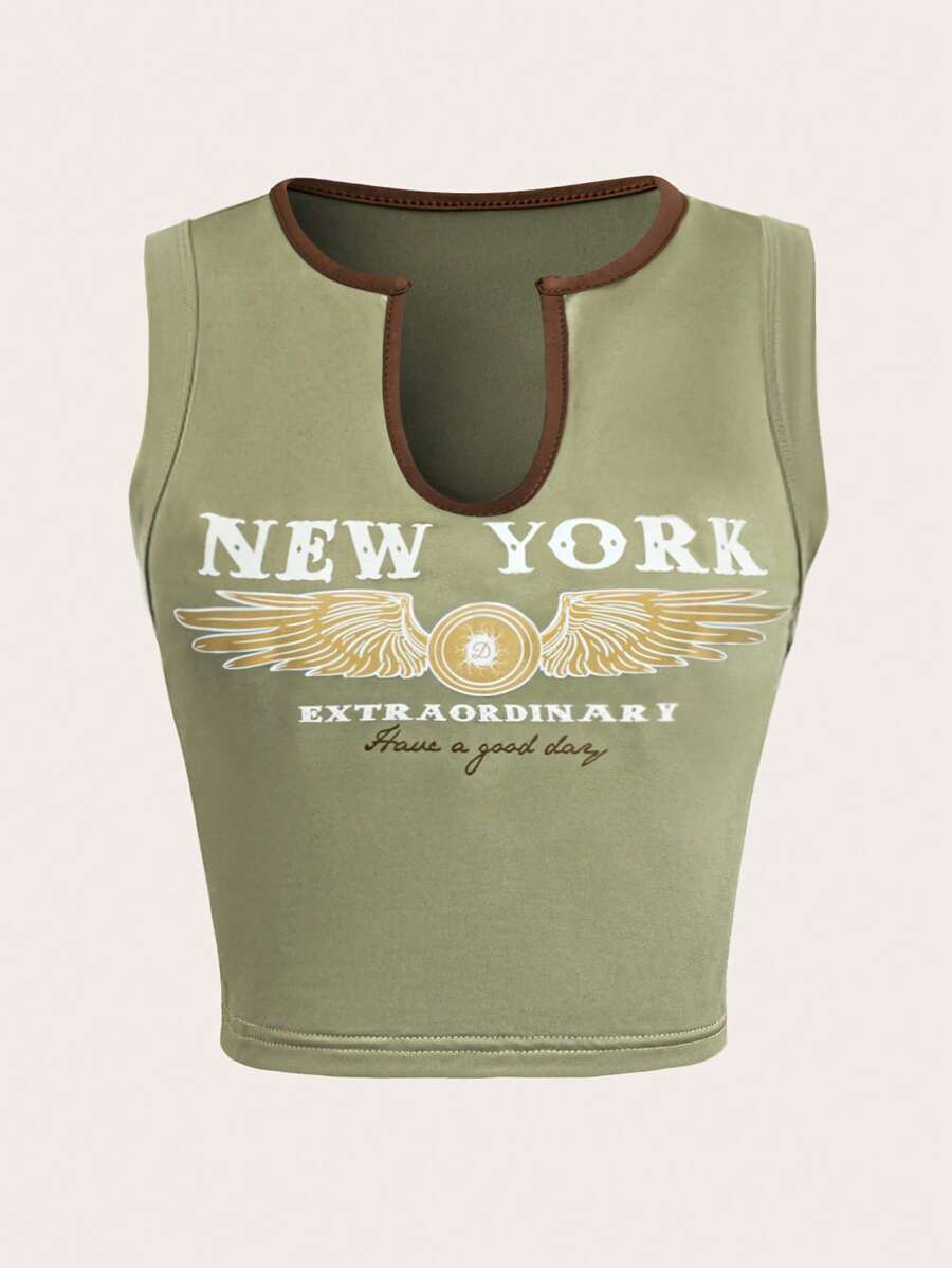 Roamenne Roamenne Short U-Neck Sexy Letter & Wing Graphic Women T-Shirt - Green - View 1