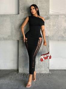 SHEIN SXY Vestido largo de unicolor para mujer, con cuello asimétrico, minimalista y de moda, apropiado para el verano
