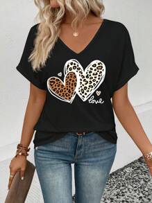 SHEIN Dames V-hals korte mouwen casual luipaard hart print T-shirt, veelzijdige lente/zomer