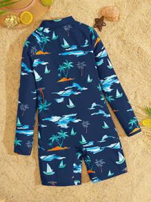 SHEIN Tween Boys Full Print Snug Fit One-Piece Knitted Swimsuit, Casual - Navy Blue - View 2