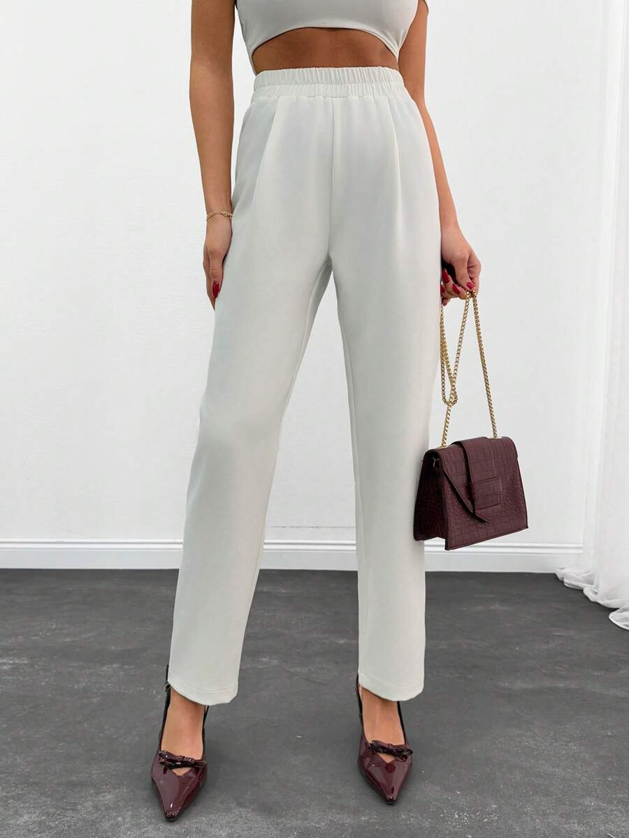EURMUSE ELASTICAL MID WAIST PLEATED STRAIGHT LONG PANT - White - View 1
