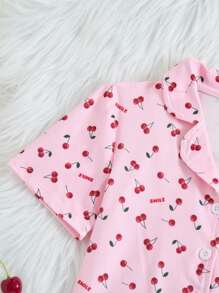 2pcs/Set Young Girl Cherry Pink Fabric Short Sleeve Top & Casual Shorts Pajamas Pj Set Young Girls Clothing Sets Summer Clothes - Pink - View 6