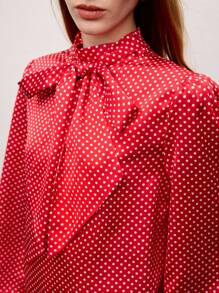 BizChic 2025 Summer New Red Polka Dot Stand Collar Oversized Bow Lady's Top, Summer For Business Casual, Daily Commute, Elegant, Holiday, Wedding Guest, Country Music Festival, Brunch, Airport Lounge, 257S Old Money Stockholm Style, 4th Of July