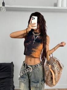 SHEIN Coolane Women's Summer Brown Tie-Dye Vintage Style Cropped Tank Top