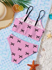 Tween Girls Cute Bow Printed Casual Minimalist Camisole & Triangle Bikini Swimwear Set, Pink, Suitable For Summer - Pink - View 2