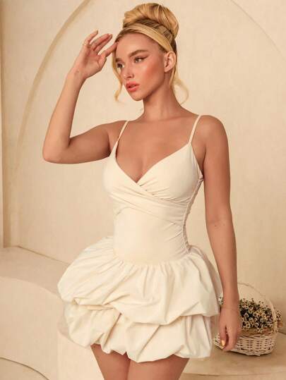 Glamine Beige Color Backless Ruched Halter Puff Dress,Bubble Dress,Holiday Carnival Outfit,Beach Dresses For Women,Sexy Date Night Outfits,Dresses For Women,Summer Dresses For Women, Wedding Wedding Dresses, White Dress For Women, Women Elegant Dresses,Mini Dress,Vacation Dress