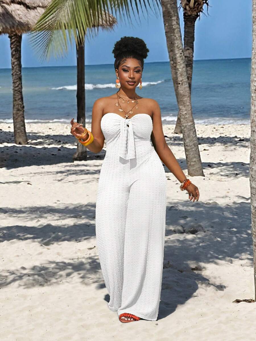 Slaydiva Bộ đồ liền thân gợi cảm có dây buộc phía trước cỡ lớn dành cho nữ, thích hợp cho kỳ nghỉ - trắng - Xem 1