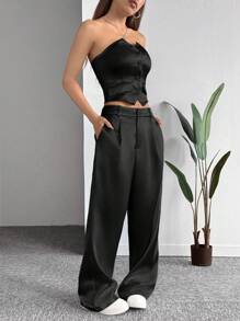 SHEIN EZwear 春季大码缎面吊带背心和裤子两件套 - 黑色 - 查看 5