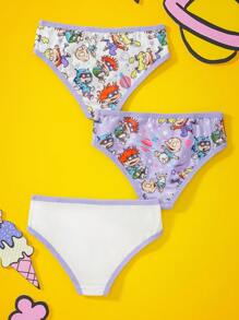 Nick 90s X SHEIN 3pcs Young Girl Purple Cute & Comfortable Cartoon Print Contrast Piping Trim Triangle Panties,Basic Casual Briefs