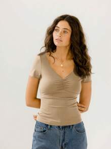 Aralina Short-Sleeve V-Neck Ruched Front Party Fitted Top