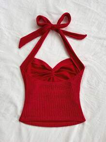 Soleia 女士红色系带扭结露背上衣，合身吊带背心，适合度假、节日、约会、下午茶、音乐节、波西米亚风 - 紅色 - 查看 2
