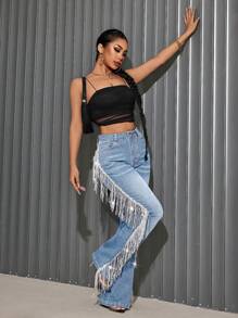 SHEIN SXY Women's Sequin Tassel Embellished Flare Leg Denim Pants, Suitable For Parties - Light Wash - View 5