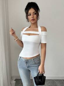 Elenzga Halter Neck Halterneck Slim Fit Cropped T-Shirt With Angled Hem - White - View 5