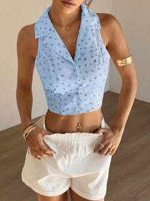SHEIN Unity Kariertes & kleinteiliges Blumen-Kragen tailliertes ärmelloses Kurzshirt - Blau - Übersicht 3