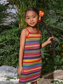 SHEIN Leap Crew SLAYR KIDS Young Girl Cute Geometric Knit Jacquard Sundress For Summer Holiday Mommy And Me Matching Outfits(3 Pieces Are Sold Separately) - Multicolor - View 3