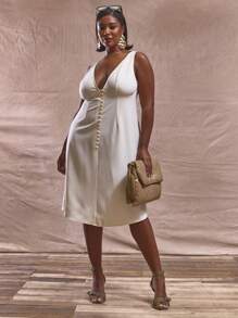 MUSERA Đầm midi cỡ lớn cổ chữ V hở, cài cúc, dây đeo dày, dễ thương, thanh lịch, thích hợp cho công sở, lễ tốt nghiệp, duyên dáng, trang trọng, tiệc brunch, ngày lễ, thướt tha, đa năng, mùa hè, cô dâu, tiệc độc thân, đám cưới, lễ Phục sinh. - Kem - Xem 1