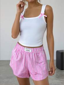 SHEIN 少女可爱/甜美粉色和白色蝴蝶结罗纹方领吊带背心、条纹印花短裤套装/返校装、可爱、节日家庭户外春季野餐日常穿着，适合各种场合 - 粉色 - 查看 3
